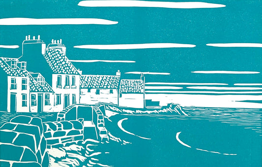 A modern style fishing harbour scene in a bold style using a bluish green teal and the white of the paper as its only colours. In the foreground stretching into the mid distance the stone harbour wall separates the old clay roofed houses to the left , from the sea on the right.  Light reflects off the sea and light clouds are scattered across the sky.  